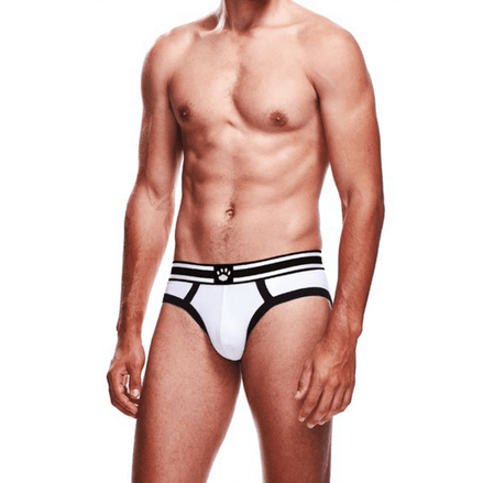 Man in witte Prowler brief heren slip maat S met zwarte details en tweekleurige logo tailleband, vooraanzicht
