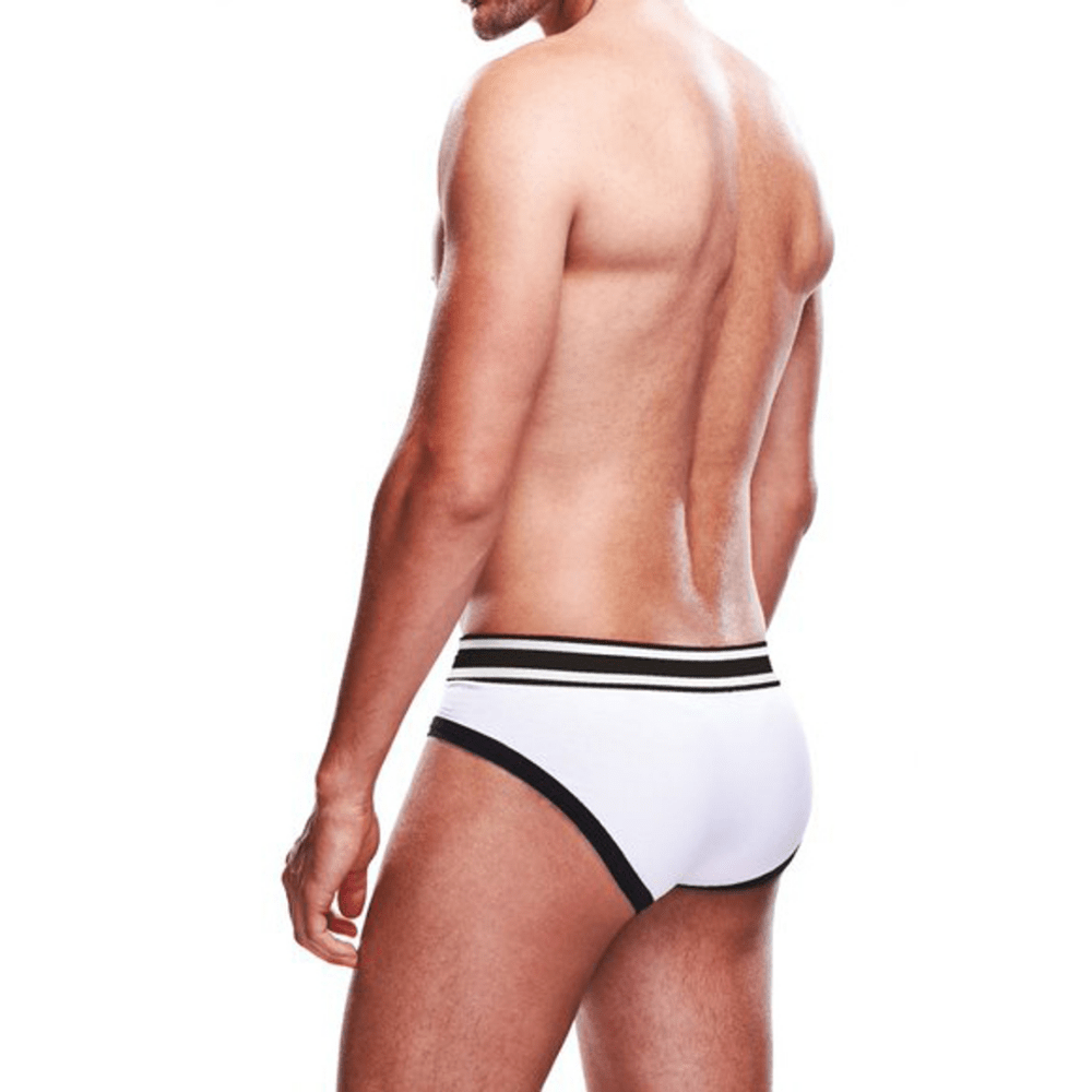 Zij- en achterkant van witte Prowler heren brief maat XL met zwarte accenten en tweekleurige logo tailleband