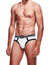 Man in witte Prowler brief heren slip maat XXL met zwarte details en tweekleurige logo tailleband, vooraanzicht