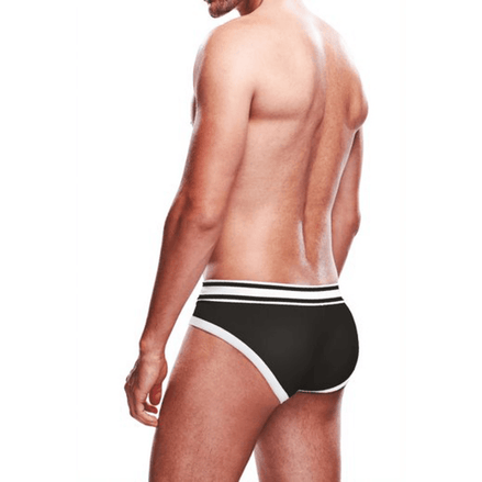 Zwart-witte Prowler brief slip maat M, model van achteren met blote rug en billen