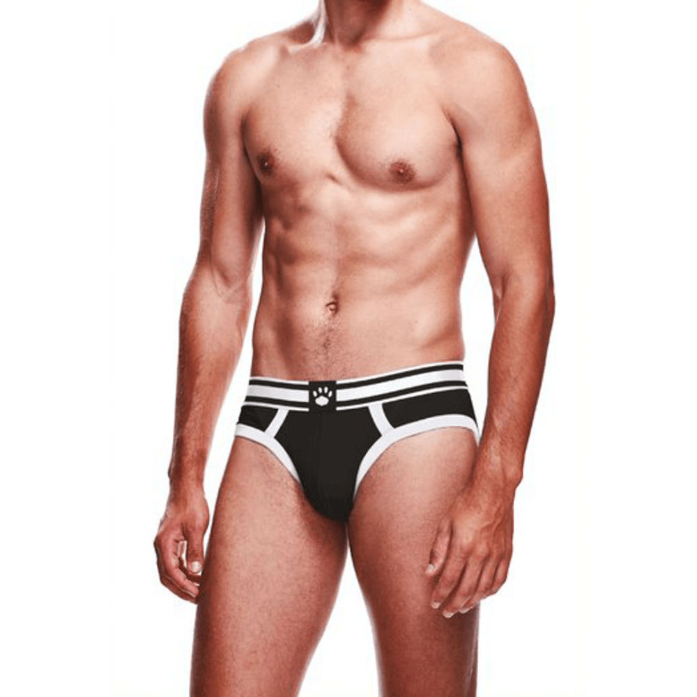 Man draagt Prowler Brief Zwart/Wit maat L, vooraanzicht met gestreepte tailleband en geborduurd Prowler-pootlogo