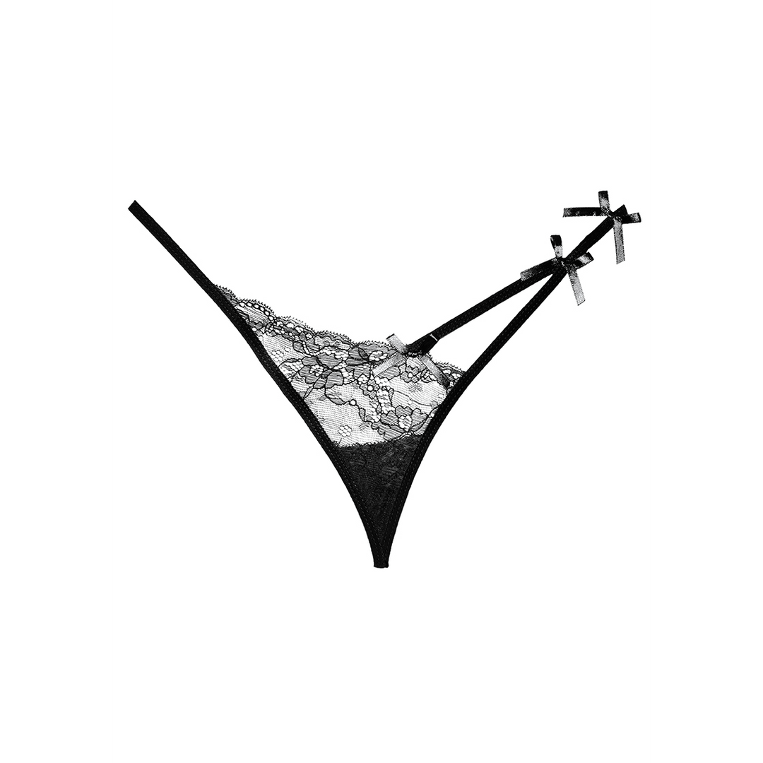 Allure Pixie kanten string one size zwart, front view, fijne kant, smalle heupbandjes, luxe lingerie look