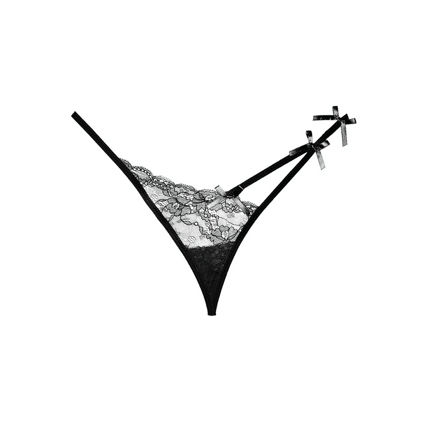 Allure Pixie kanten string one size zwart, front view, fijne kant, smalle heupbandjes, luxe lingerie look