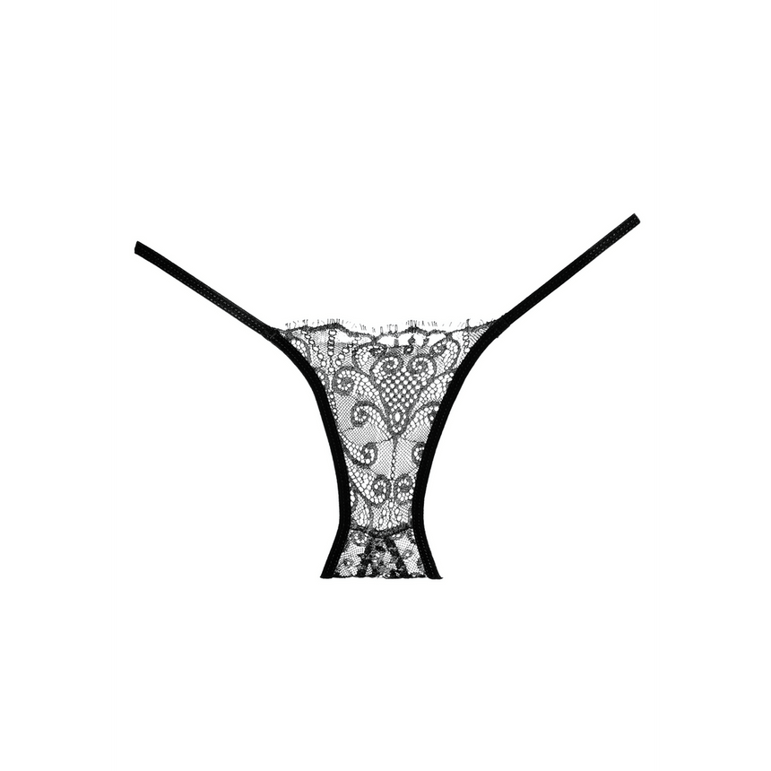 Allure L'Enchanted Belle open kruis slip zwart one size, product illustratie vooraanzicht met kant en bandjes