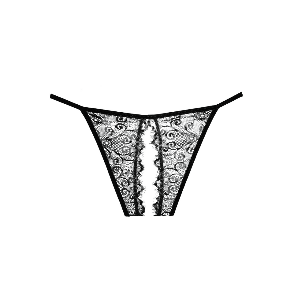 Allure L'Enchanted Belle open kruis slip zwart one size, detail illustratie van het kanten middenpaneel en bandjes