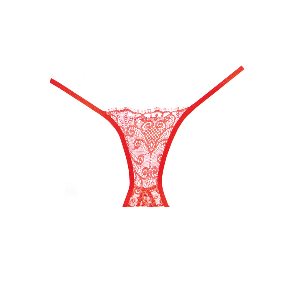 Rode Allure ouvert slip one size, kanten string met open kruis, minimalistische bandjes, lingerie