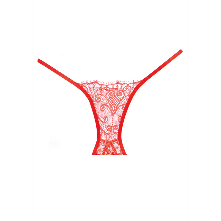 Rode Allure ouvert slip one size, kanten string met open kruis, minimalistische bandjes, lingerie
