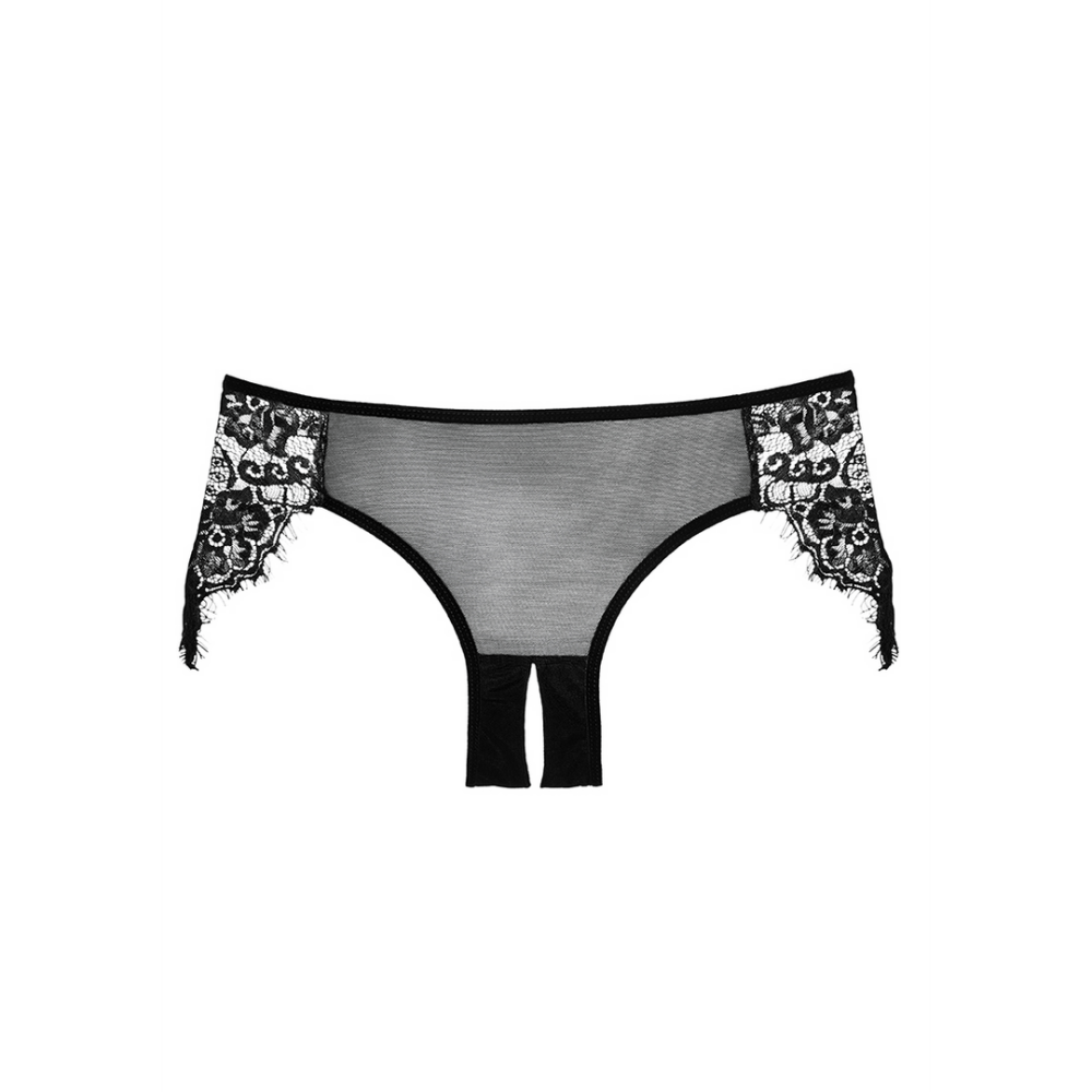 Allure Lavish open kruis slip one size zwart, zwarte kanten slip met open kruis, productfoto op witte achtergrond