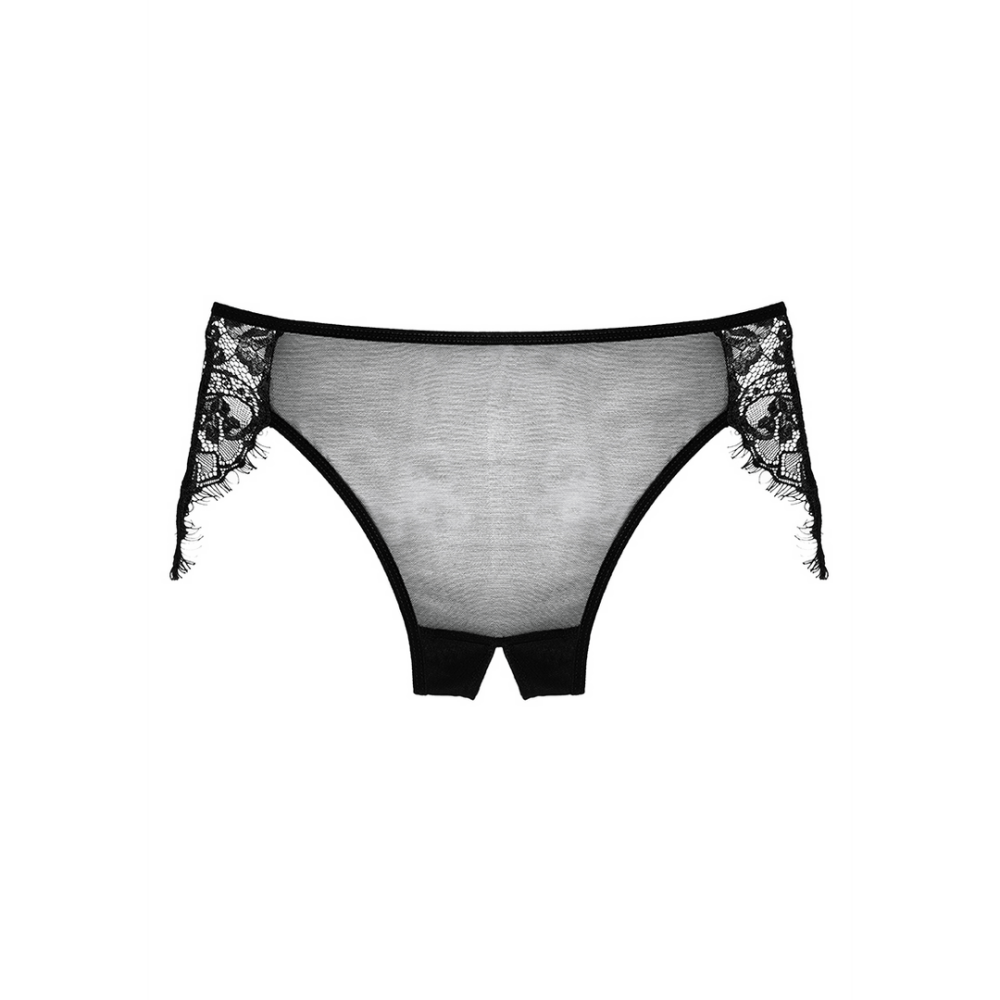 Allure Lavish open kruis slip one size zwart, ouverten slip met kant en mesh, close up van afwerking en vorm