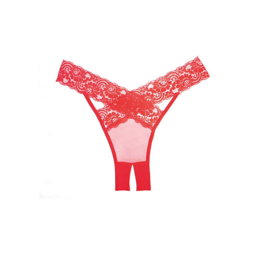 Allure Desire open kruis string rood one size, productafbeelding, slanke slip met bandjes en uitgesneden detail.