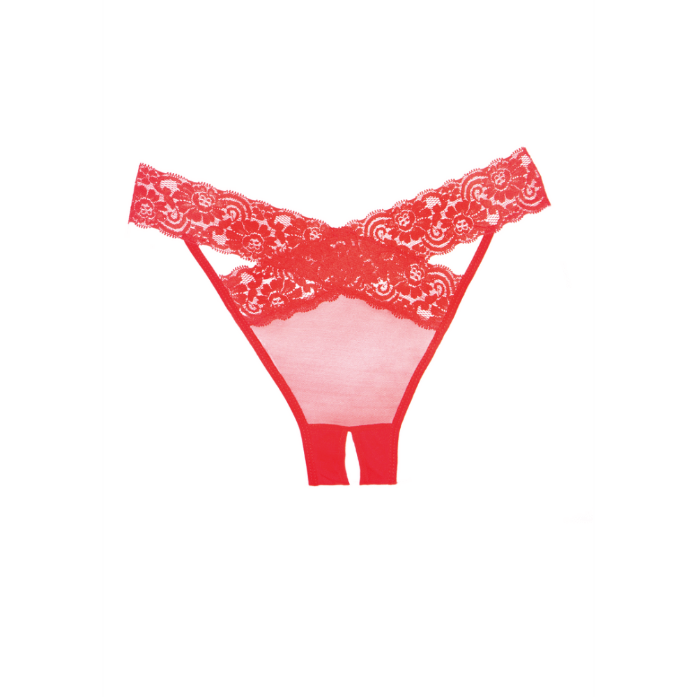 Allure Desire ouver(t) string rood one size, detail van bandjes en open kruis, verleidelijke lingerie slip.