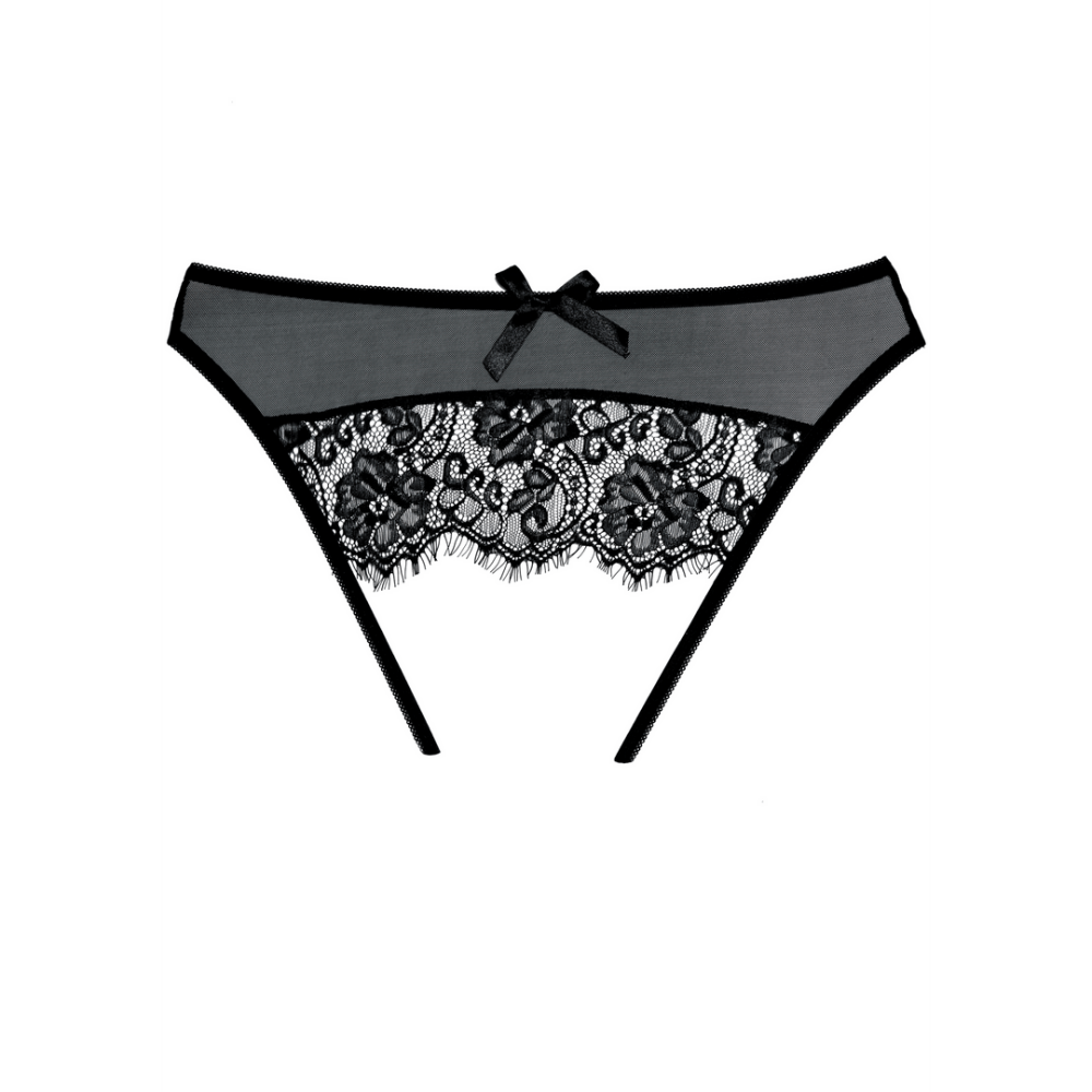Allure Exposé open kruis slip one size zwart, kant met bloemmotief en open kruis detail, product vooraanzicht.