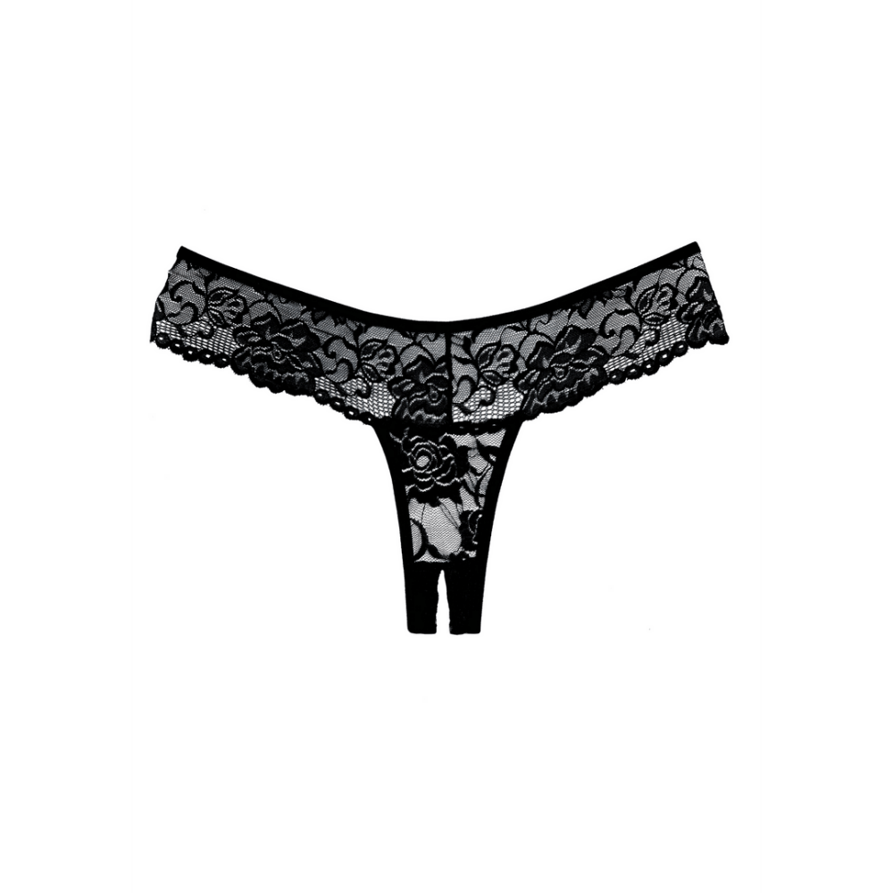Allure Chiqui Love open kruis string one size zwart, vrijstaand achteraanzicht, smalle stringbandjes en kant