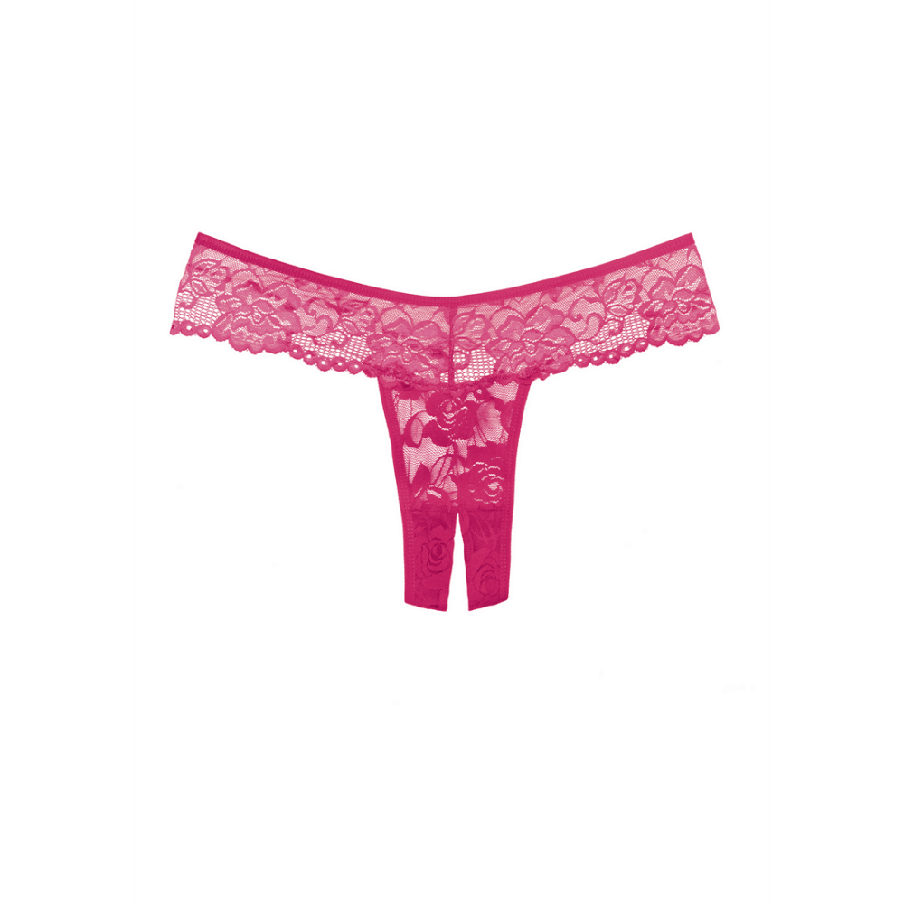 Allure open kruis string One size warm roze, kanten lingerie string, minimalistisch ontwerp, vrij uitzicht