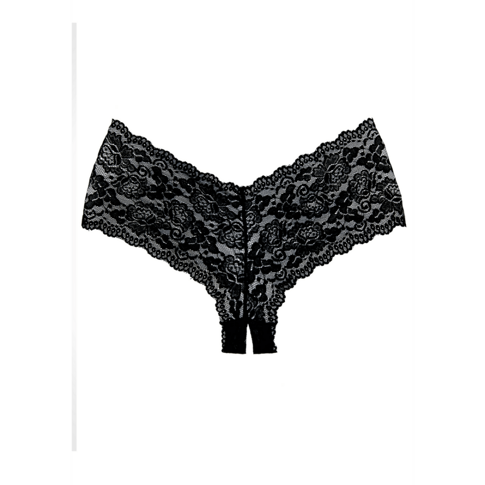 Allure Candy Apple open kruis slip one size zwart, kanten shorty met open kruis, sexy lingerie slip
