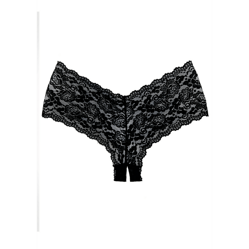 Allure Candy Apple open kruis slip one size zwart, kanten shorty met open kruis, sexy lingerie slip
