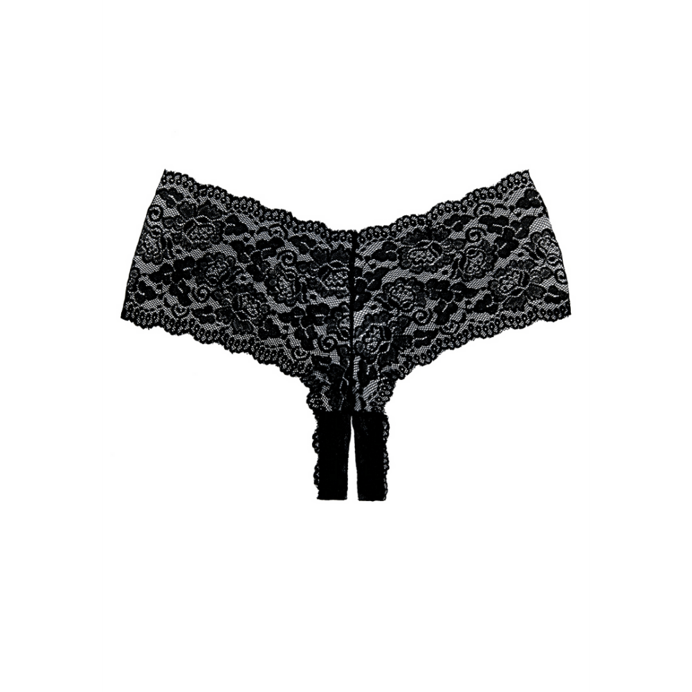 Allure Candy Apple zwarte open kruis slip one size, kanten shorty, uitdagend design met strakke pasvorm