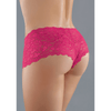 Allure Candy Apple open kruis slip, one size, warm roze kant, hoog uitgesneden, cheeky achterzijde op model