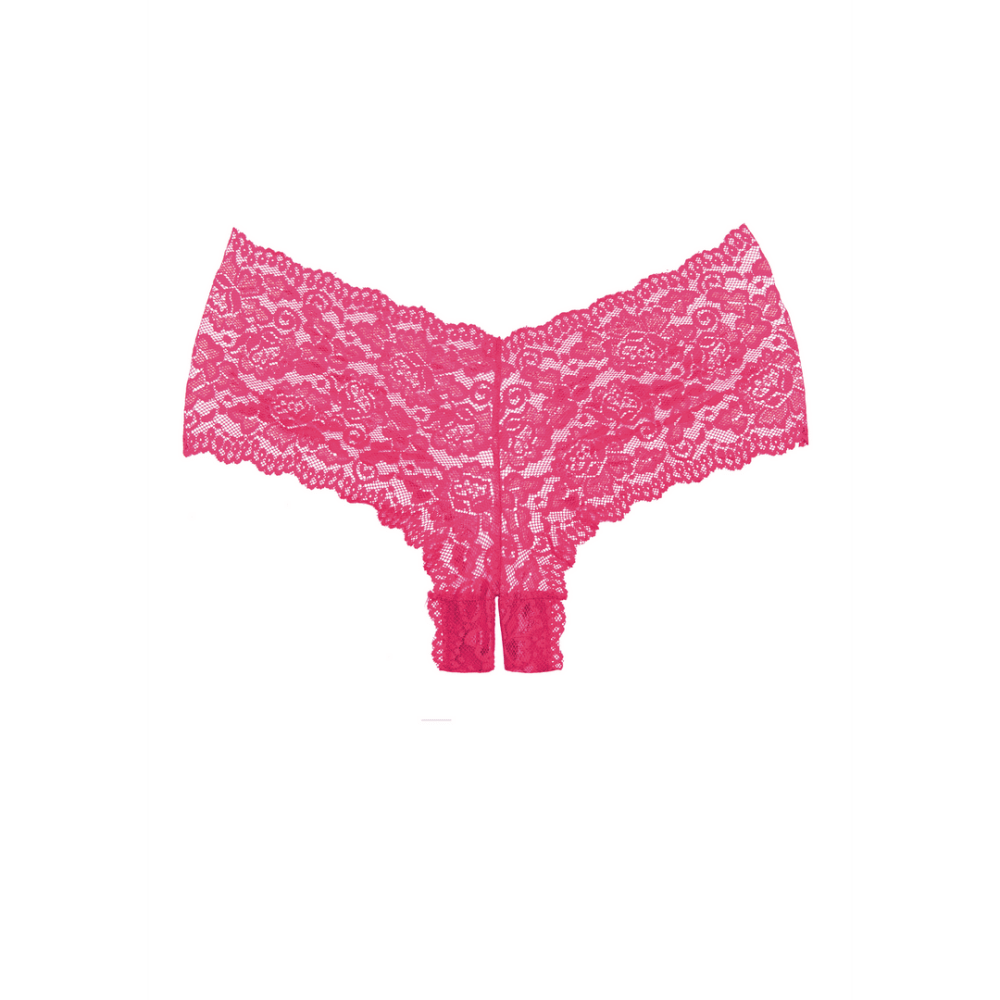 Allure Candy Apple open kruis slip, one size, warm roze kanten shorty, fijne transparante kant, elastische taille