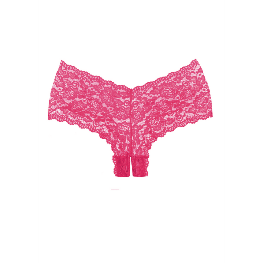 Allure Candy Apple open kruis slip, one size, warm roze kanten shorty, fijne transparante kant, elastische taille