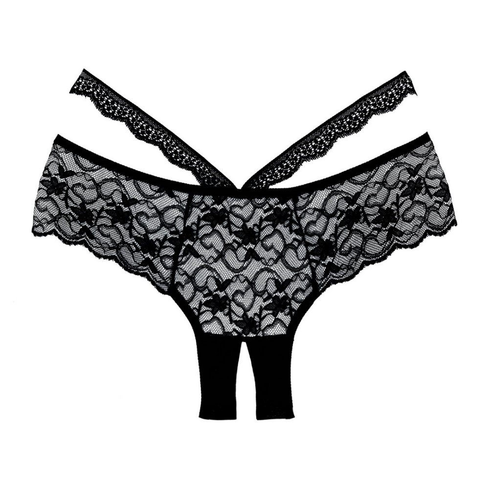 Studio detail, zwarte kanten open kruis slip one size, lage taille en elegante belijning, sexy slip ouvert