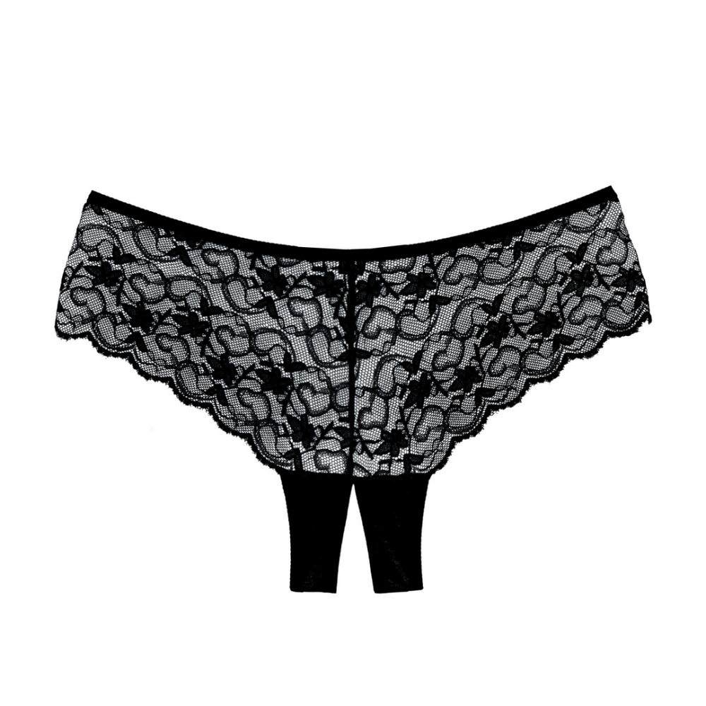 Allure Sweetheart open kruis slip zwart, productfoto op wit, kanten shorty met kruisopening
