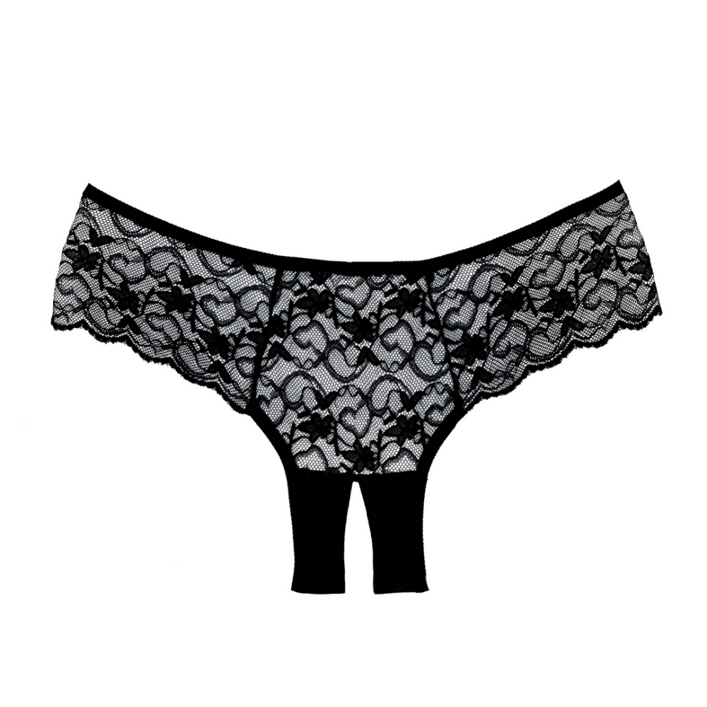 Allure Sweetheart zwart kruisloos slipje, achteraanzicht productfoto, kant met open detail