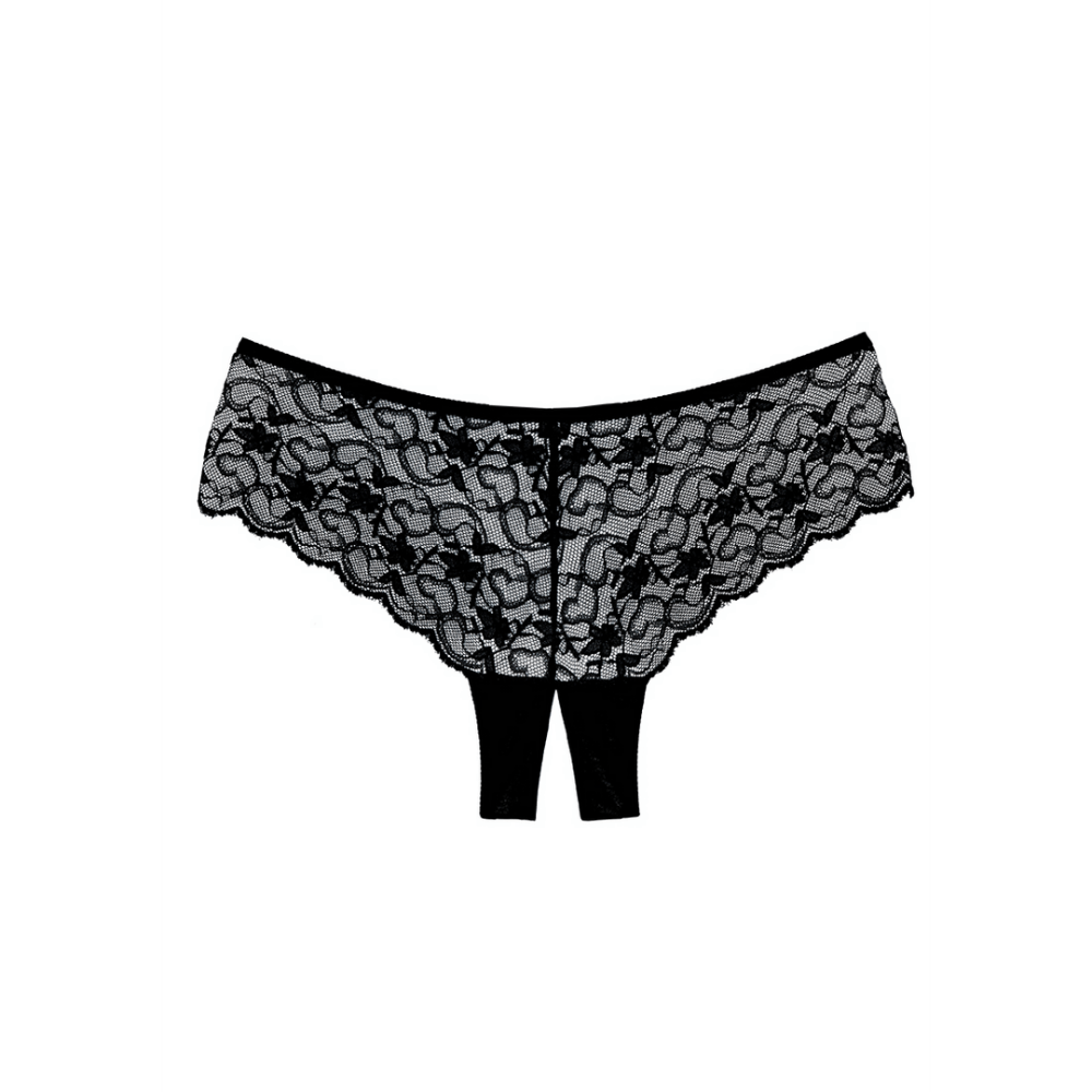 Allure Sweetheart zwarte open kruis shorty, detail van kruisopening en kanten afwerking