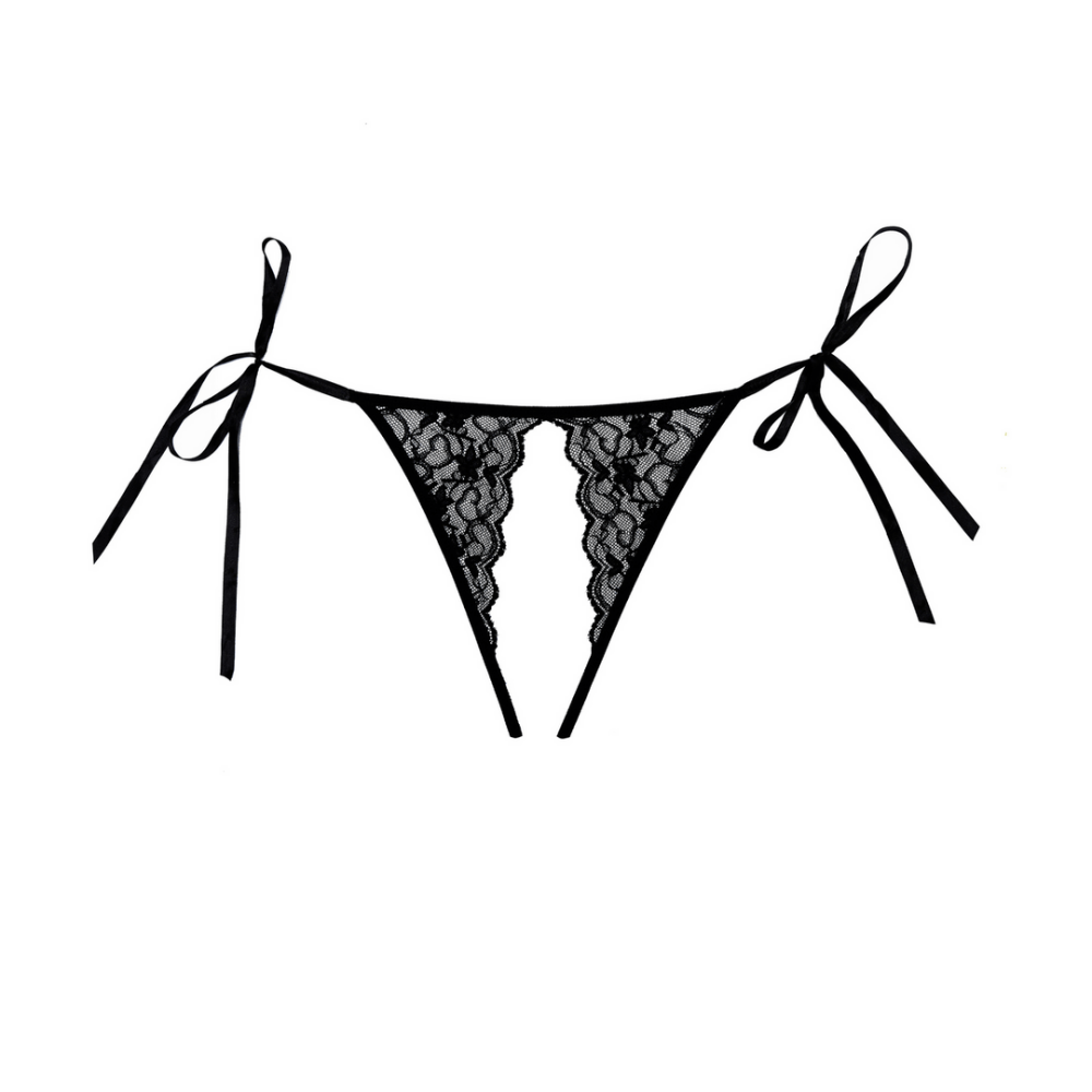 Allure Lolita ouvert slip zwart one size, productillustratie van kanten open kruis slip met striklinten