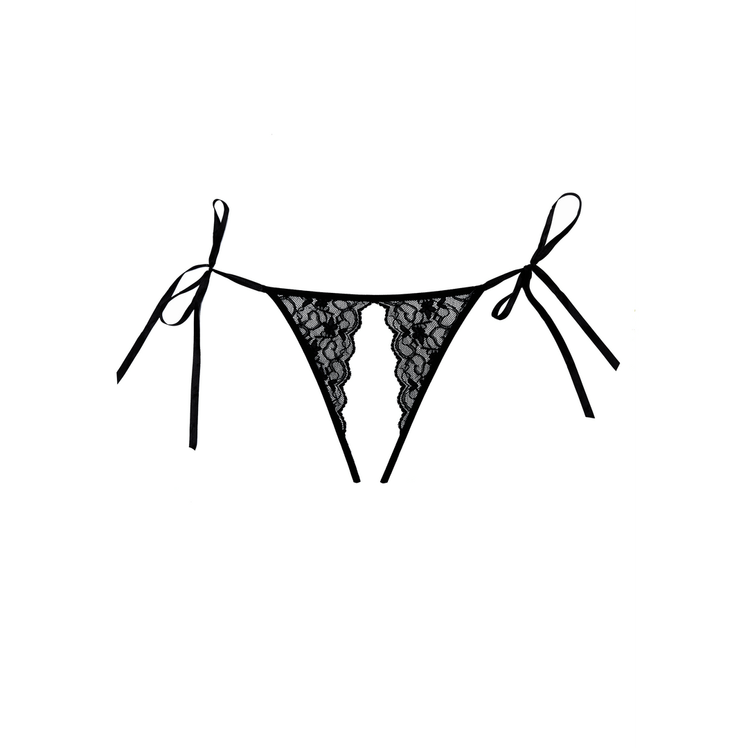 Allure Lolita ouvert slip zwart one size, technische producttekening, open slip met lintsluiting links en rechts
