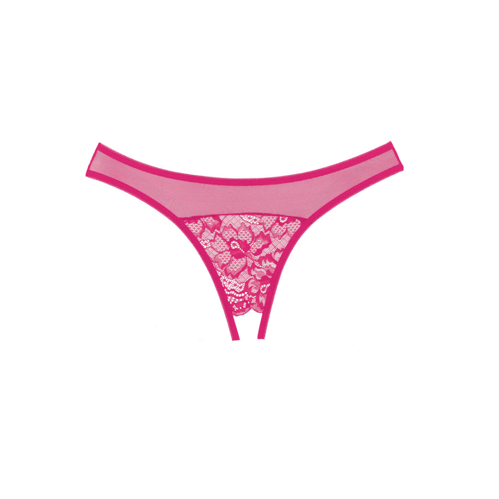 Allure string ouvert open kruis warm roze, kanten thong one size, sexy slip met open kruis