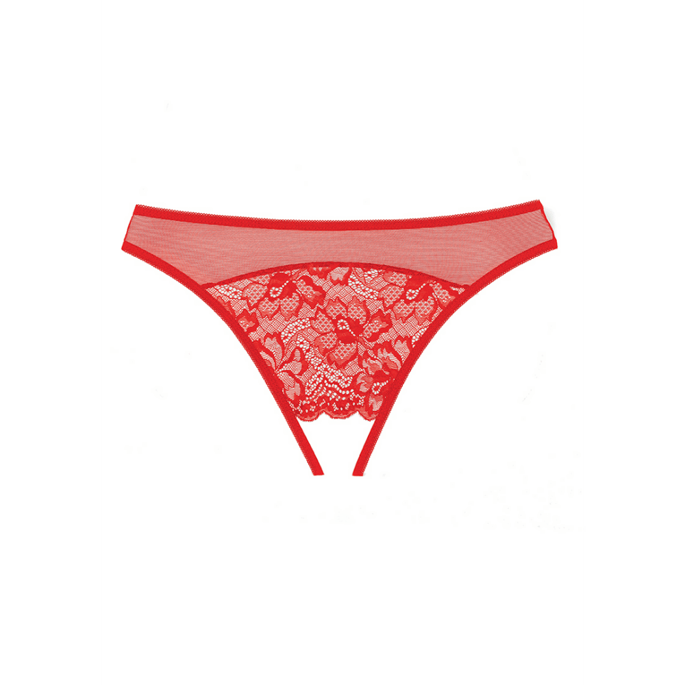 Detail van rode kanten ouvert string, open kruis en fijne afwerking, Allure one size lingerie