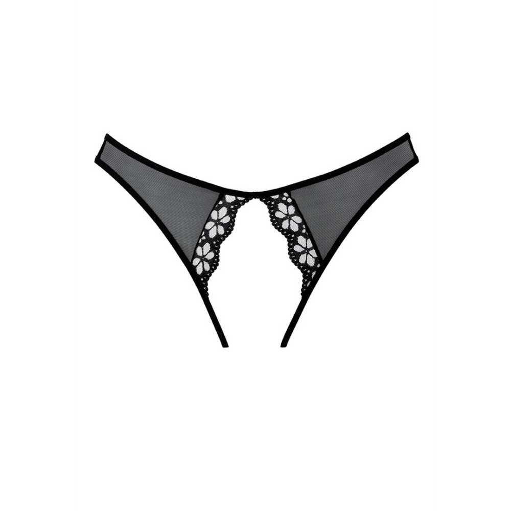 Allure Mirabelle kanten string slip zwart one size, productfoto voorzijde met mesh en sierlijk kant