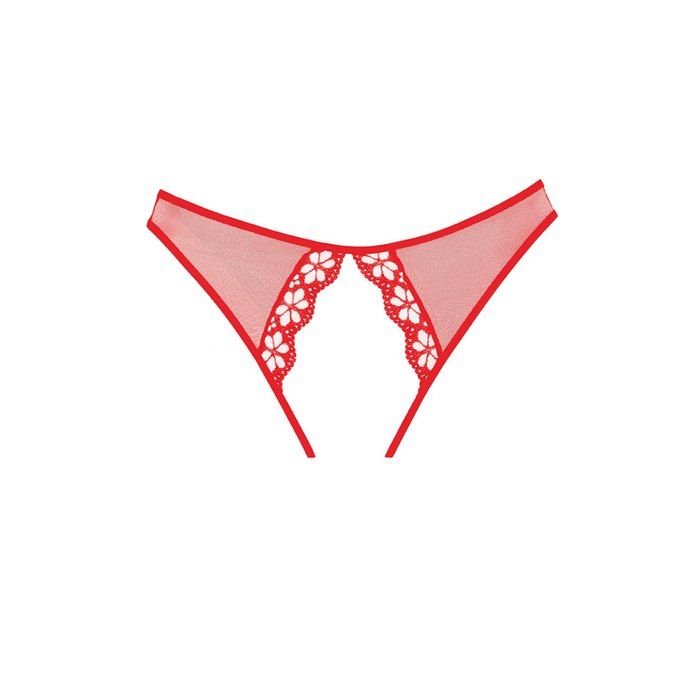 Allure Mirabelle open achterkant string rood one size, productfoto achterzijde met uitgesneden kant en bandjes