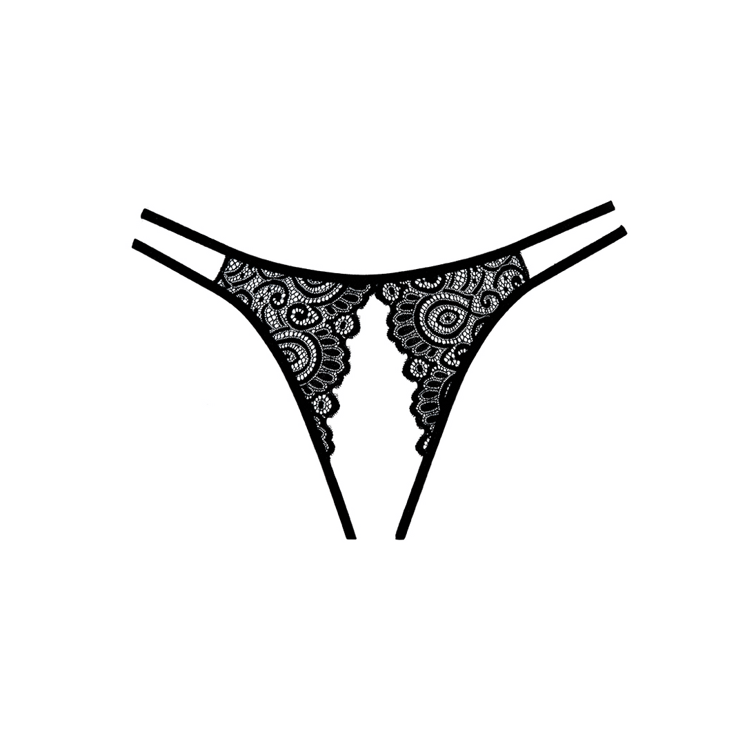 Allure Lovestruck kanten string slip zwart one size, productfoto voorzijde met fijne kant en minimalistische bandjes