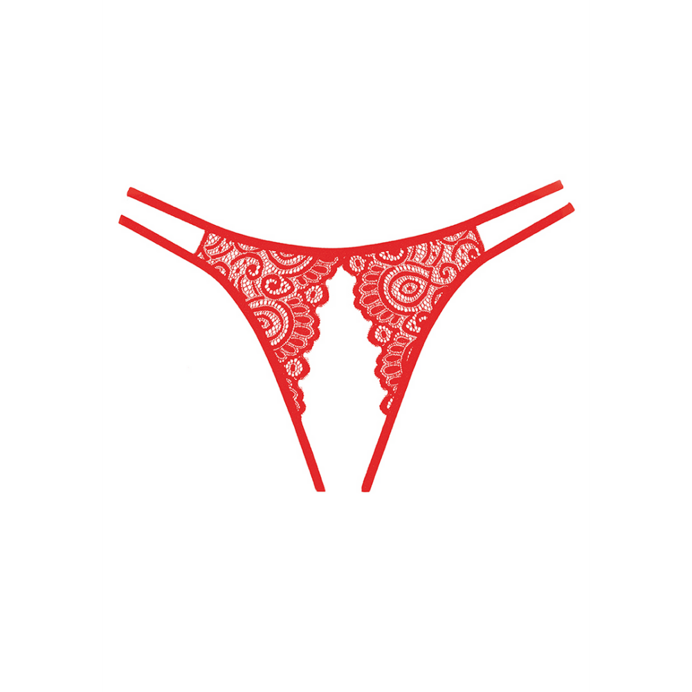 Allure Lovestruck open achterkant slip rood, detailafbeelding van kanten stringslip met open achterkant