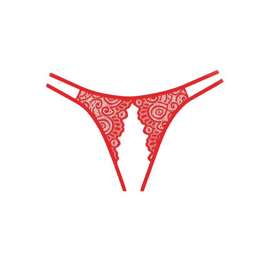 Allure Lovestruck open achterkant slip rood, detailafbeelding van kanten stringslip met open achterkant