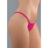 Allure wetlook string one size warm roze, zijaanzicht op model met glanzende roze look