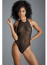 Allure Jasmine zwarte sheer mesh teddy op model, met diepe halslijn en hoge beenuitsnijding op grijze studioachtergrond