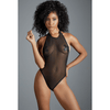 Allure Jasmine zwarte sheer mesh teddy op model, met diepe halslijn en hoge beenuitsnijding op grijze studioachtergrond