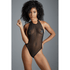 Allure Jasmine zwarte sheer mesh teddy op model, met diepe halslijn en hoge beenuitsnijding op grijze studioachtergrond