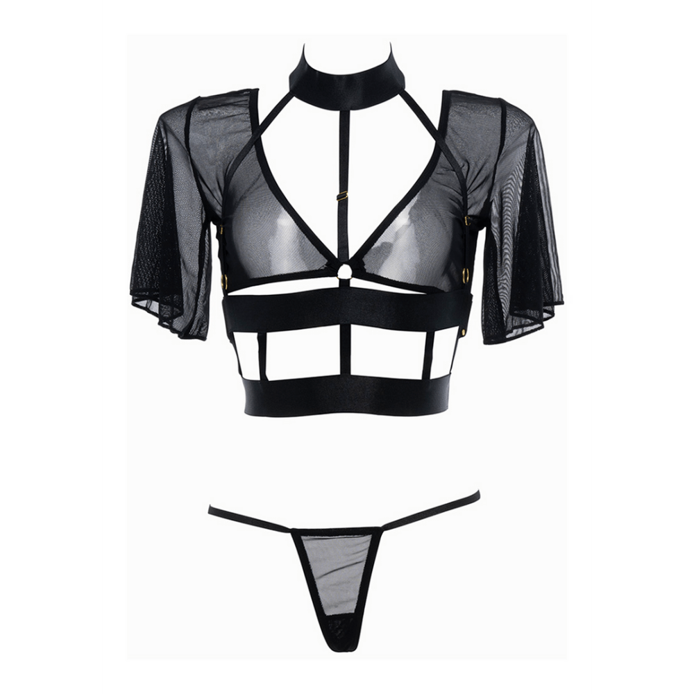 Allure Dromer corset string set zwart, productfoto vooraanzicht op witte achtergrond, one size