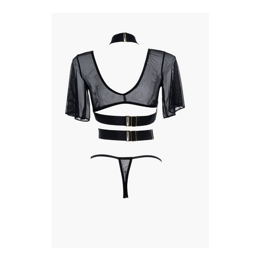 Allure Dromer corset en string zwart, productfoto achteraanzicht met verstelbare banden, one size