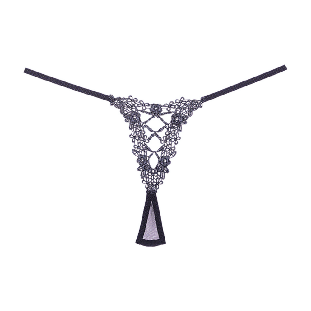 Allure mesh string one size zwart, productfoto van zwarte mesh string met transparant detail en smalle tailleband