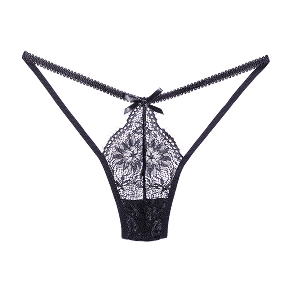 Allure kanten string zwart one size, productfoto vrijstaand met transparant kant en strappy design