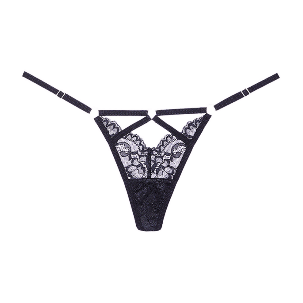 Allure Niet Storen bondage string one size zwart, productfoto voorkant met bondage bandjes en kantdetail