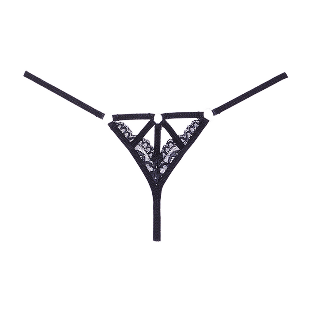 Allure Niet Storen bondage string one size zwart, productfoto achterkant met open stringmodel en bandjes