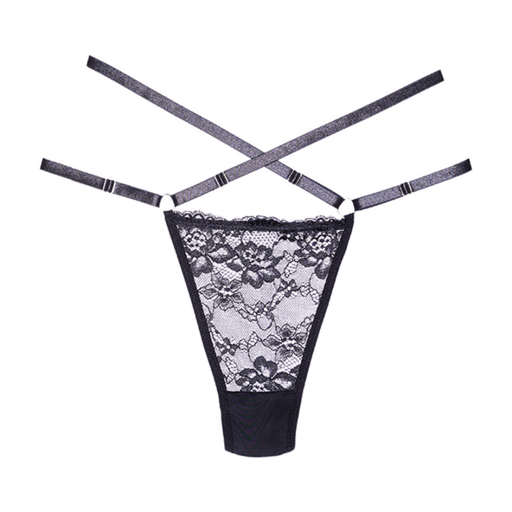Productfoto Allure Cherished tanga zwart, voorkant met kantpaneel en dubbele gekruiste tailleband
