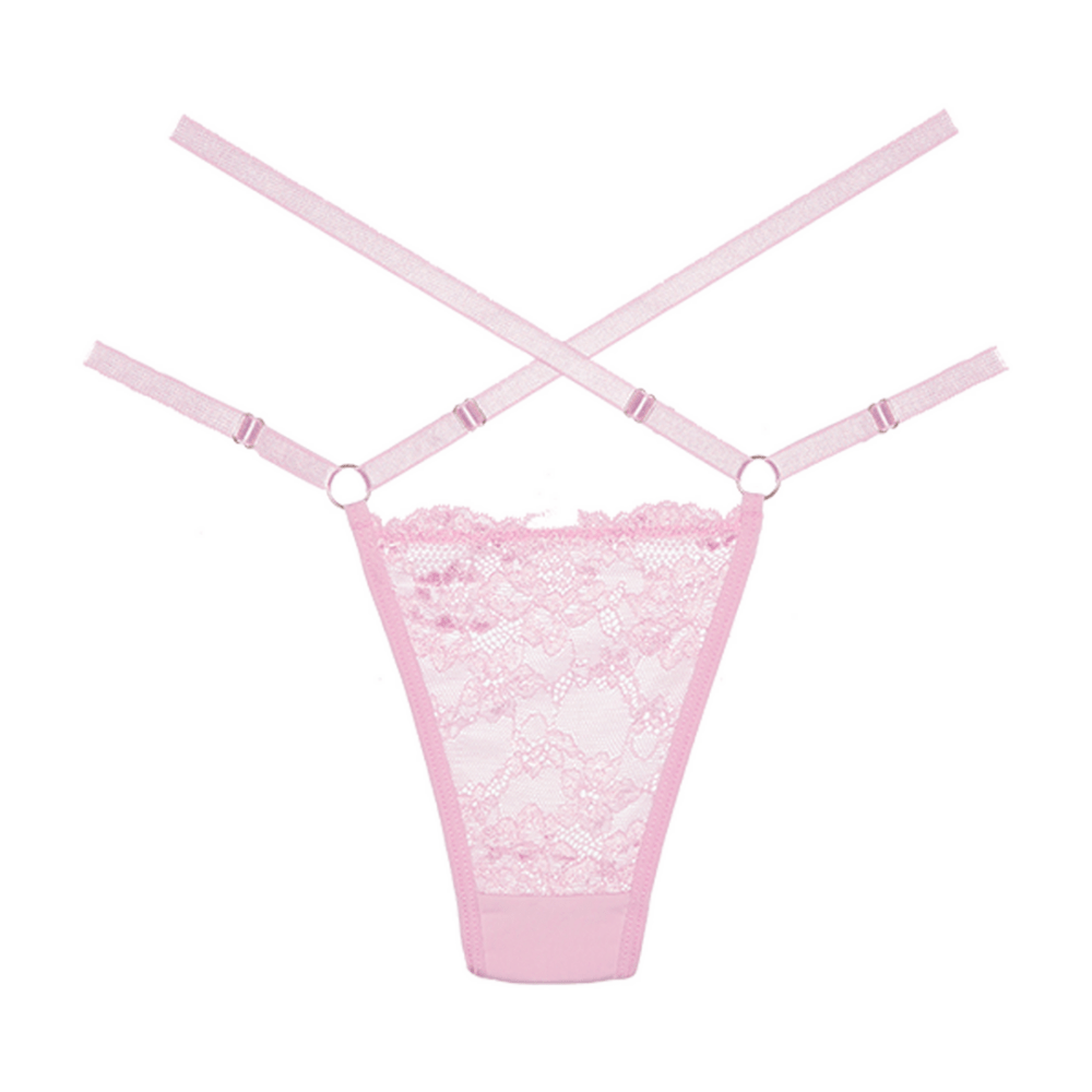 Platte productfoto van Allure Cherished tanga roze, voorkant met kant en dubbele gekruiste tailleband
