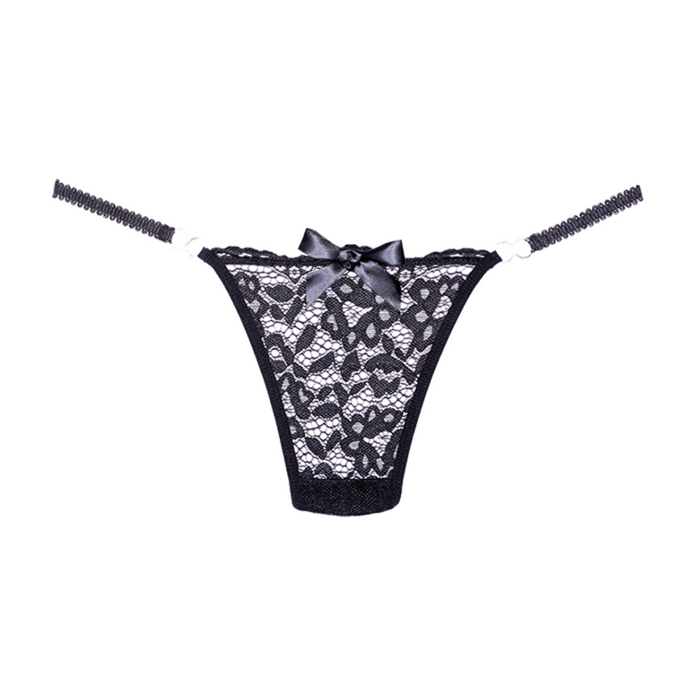 Allure kant string zwart one size, productfoto vrijstaand met transparant kant en smalle zijbandjes